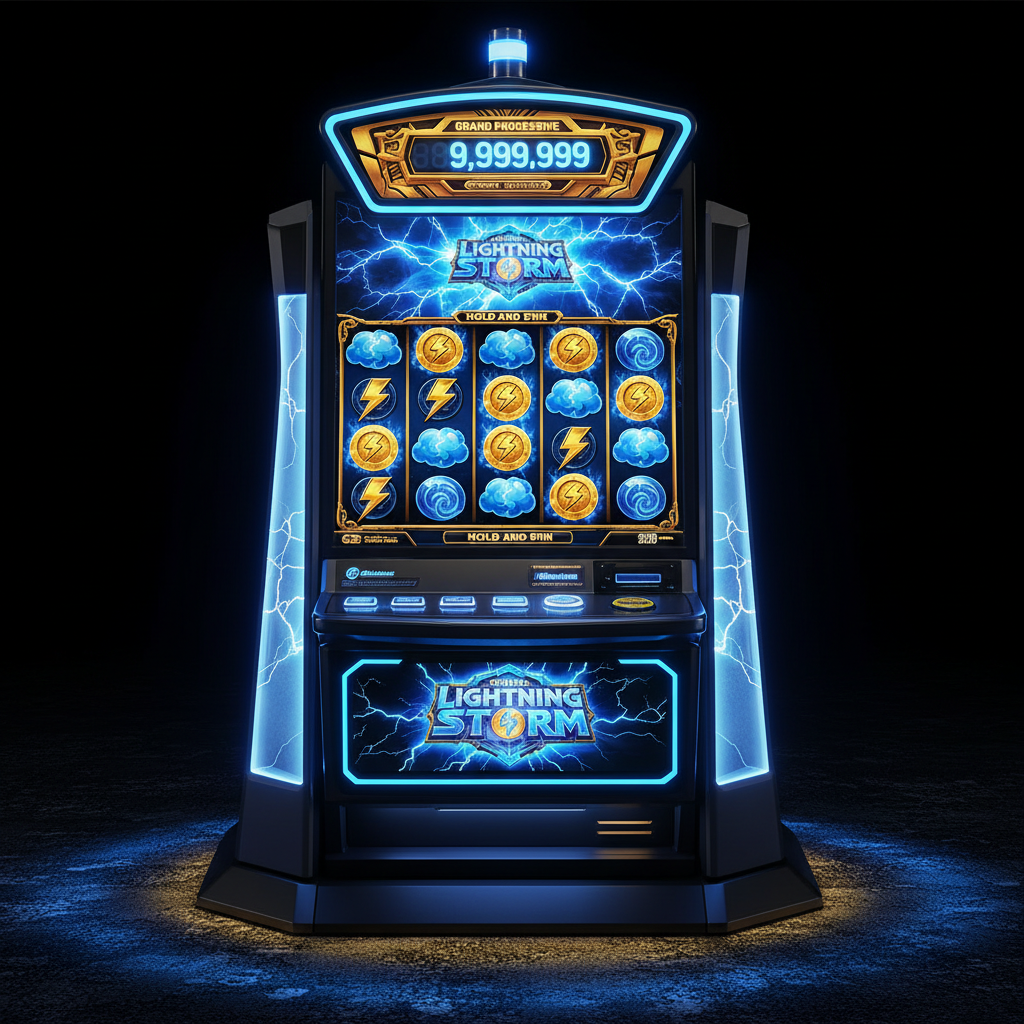Lightning Storm slot demo screen showing Storm Surge Hold & Spin bonus with multiplier coins and progressive jackpot display